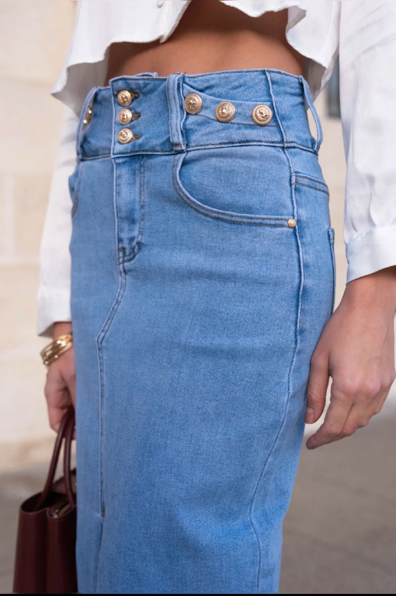 Tiffany - Denim Button Split Skirt