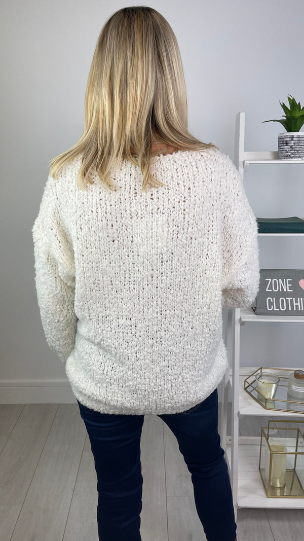 Bella - Cream Popcorn V Neck Jumper