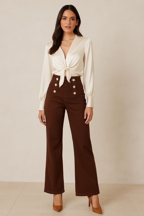 Billie - Gold Button Detail Brown Jean