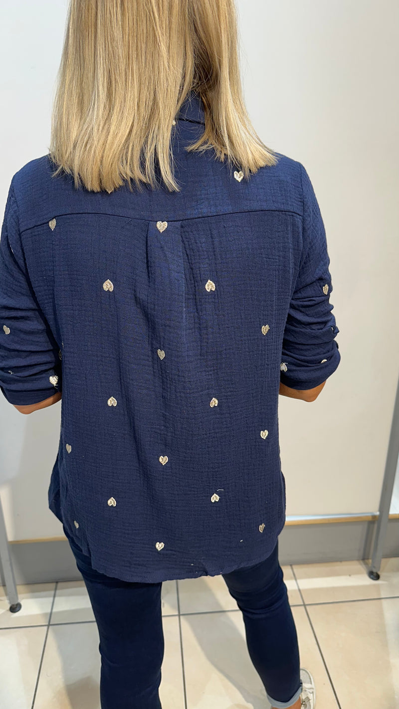 Dani - Cotton Gold Embroidery Detail Blouse Navy