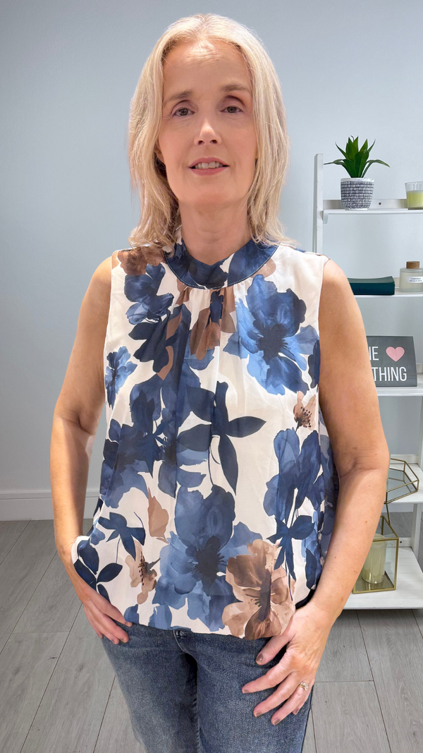 Stella -Navy/Brown Floral  Print Lined Top