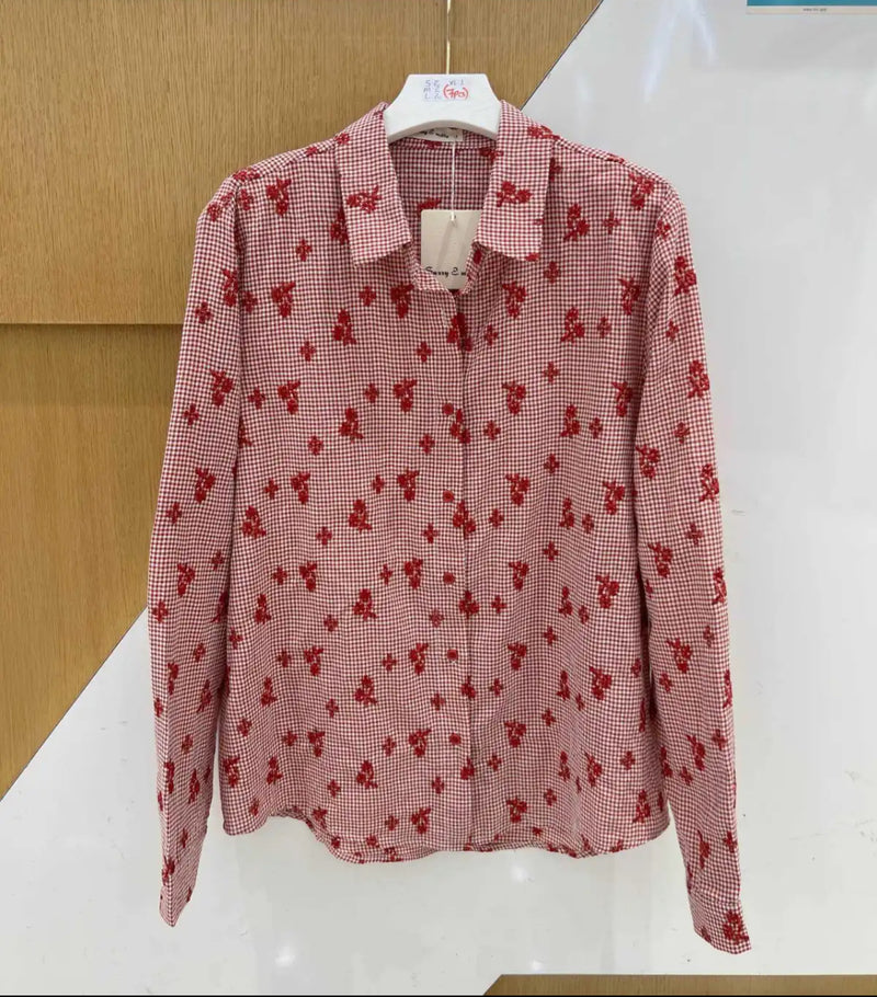Carla - Dark Red Check Embroidery Shirt