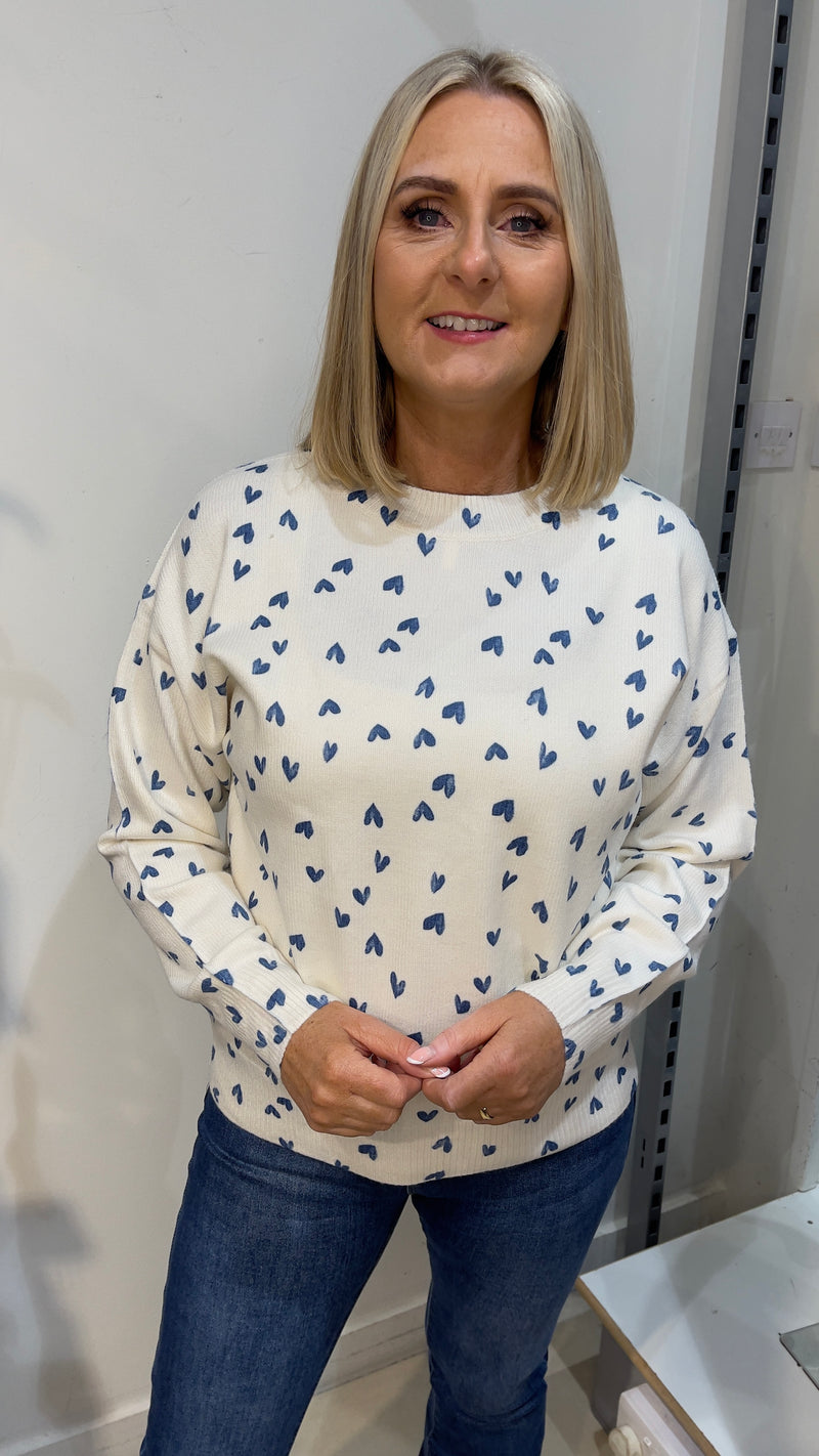 Vera - Blue Heart Print Fine Knit Jumper