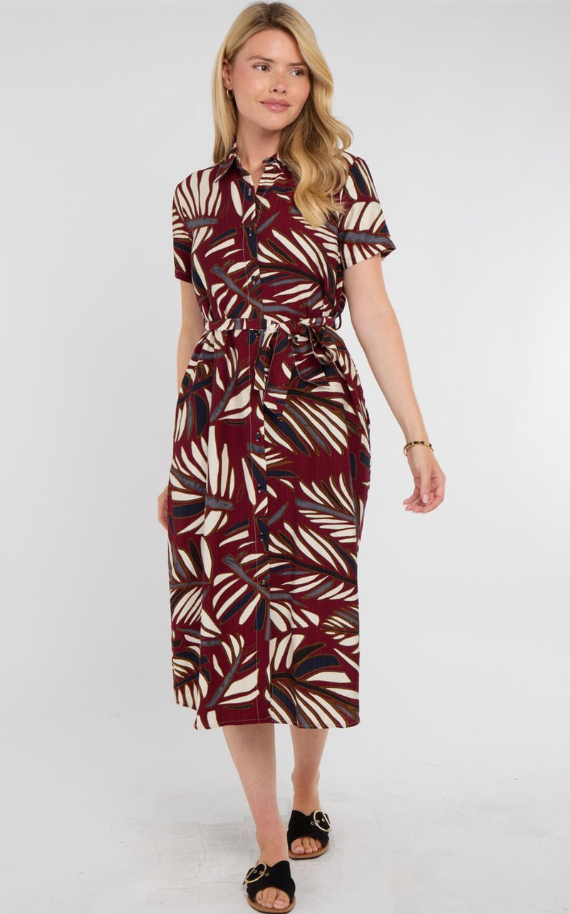 Tillie - Wine Palm Print Midi Shirt Dress