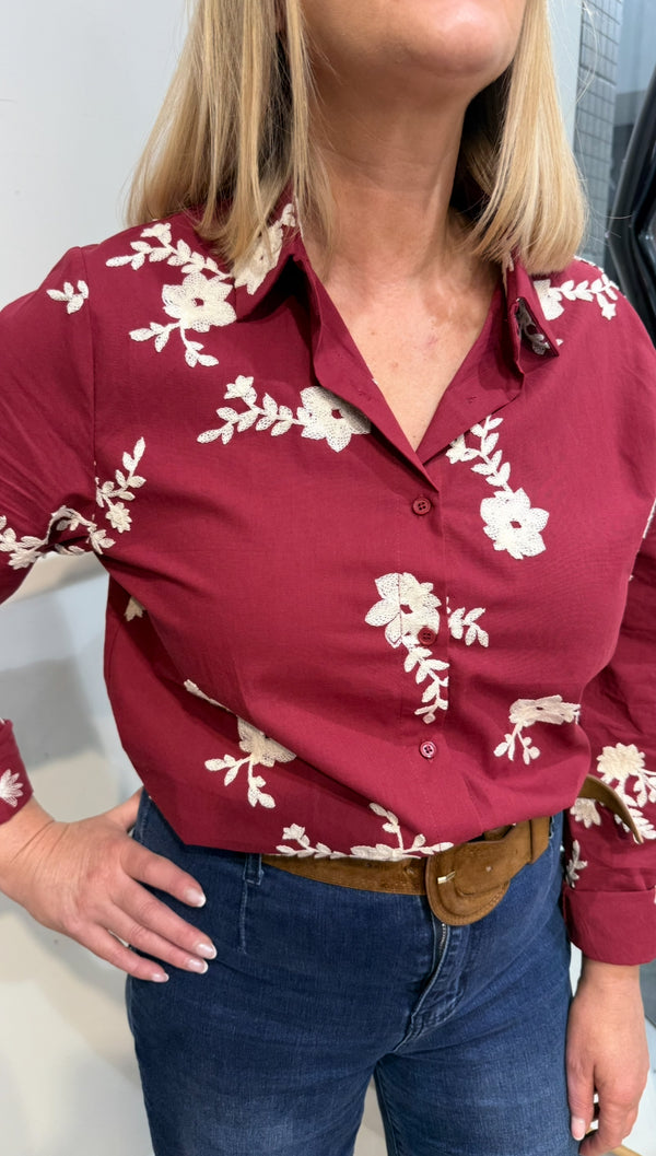 Jessie - Wine Embroidery Cotton Shirt