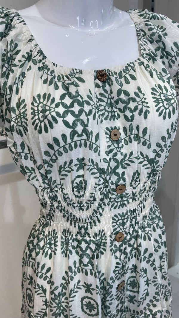 Suzie - Green/Cream Leaf Circle Print Button Linen Look Maxi