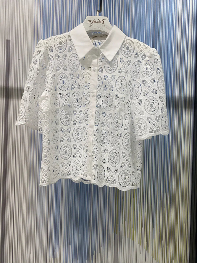 Laura - White Crochet Lace Collar Top