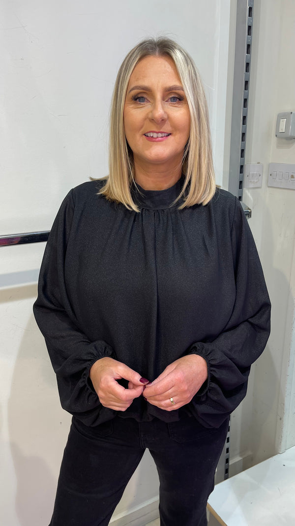 Annie - black Shimmer Effect High Neck Blouse