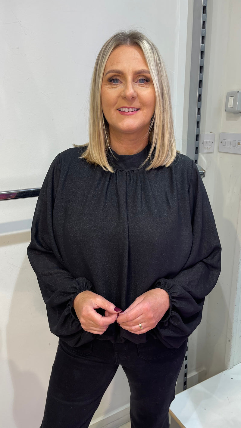 Annie - black Shimmer Effect High Neck Blouse