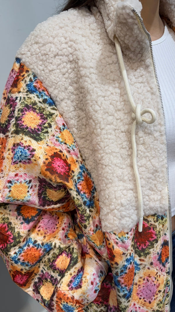 Mollie - Beige/ Multi Colour Fleece Zipped Jacket