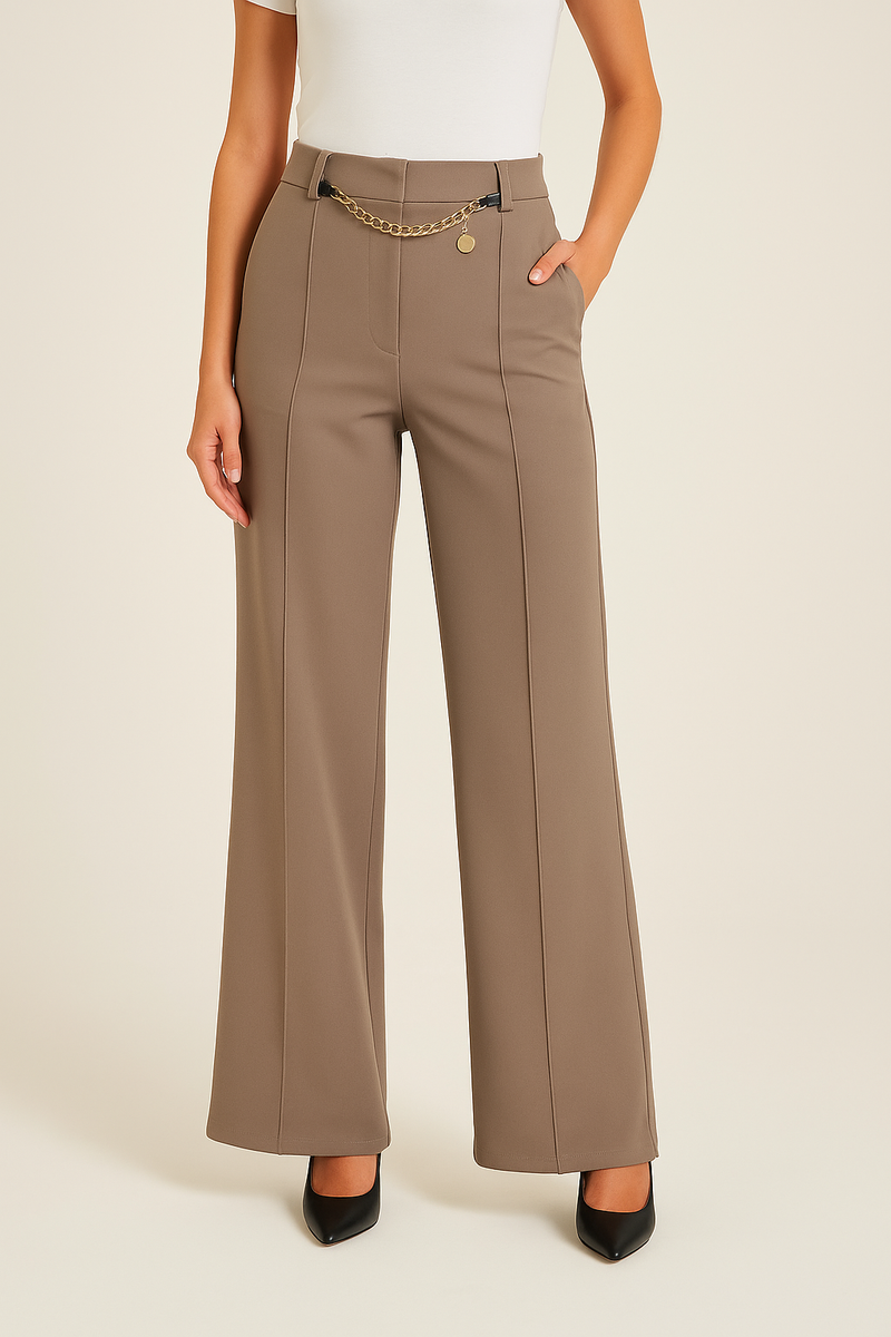 Tina - Taupe  Chain Stretch Seam Trousers