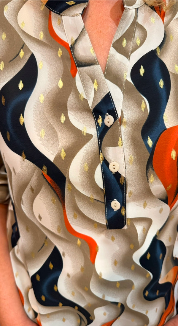 Ivy - Navy/Orange  Print Button Neck Top