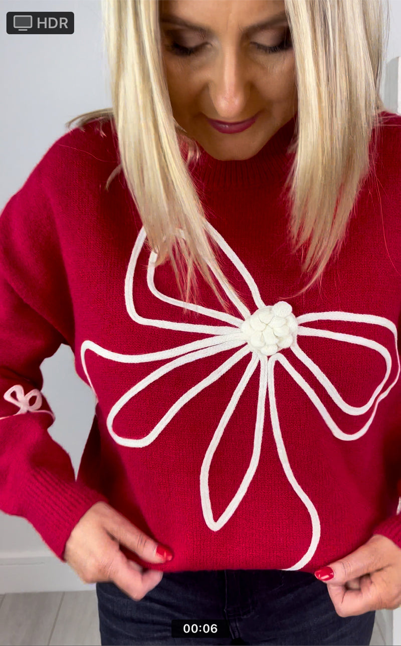 Sara - Red Knit Jumper with Embroidery Detail