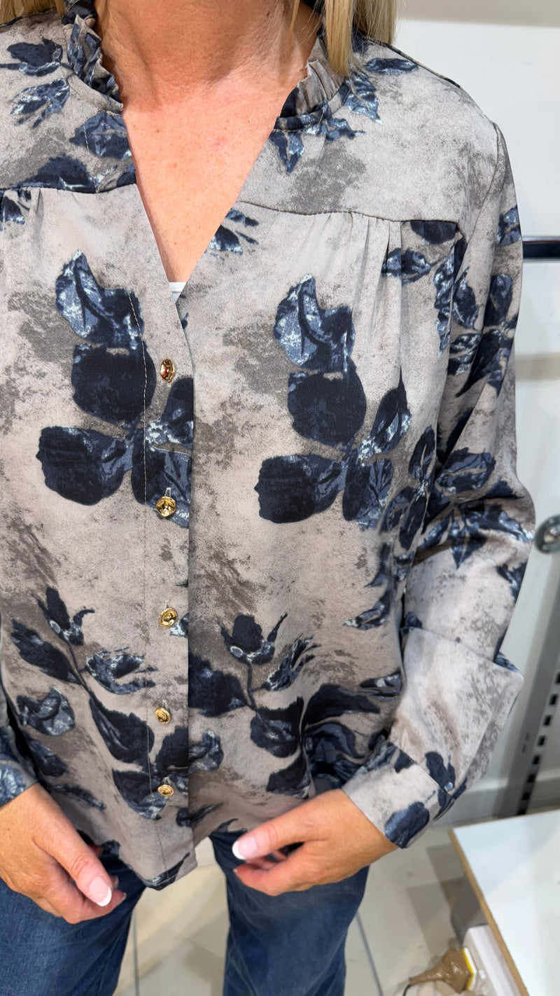 Dorothy - pre order dis 14 Oct Grey/Navy Frill Neck Blouse