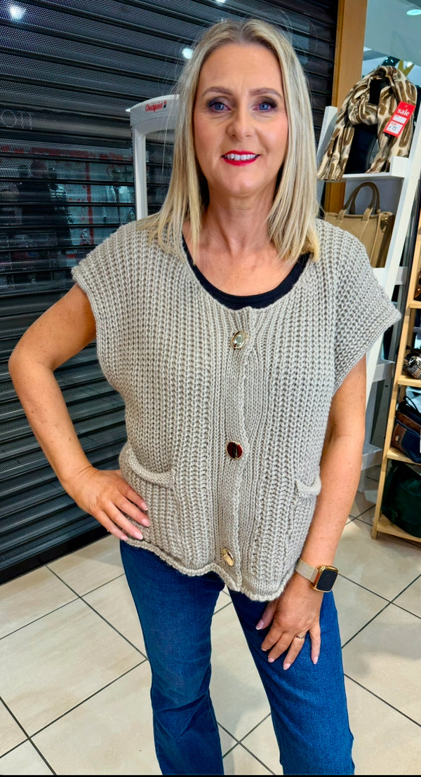 Josie - Taupe chunky Knit Gold button Pocket Tank