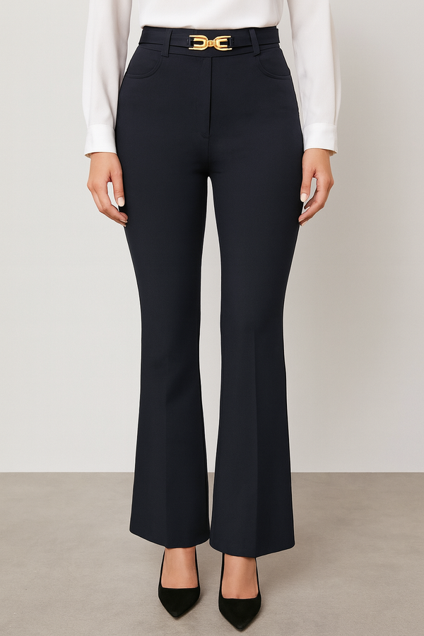 Jill - Black Stretch Buckle  Bootcut Trousers