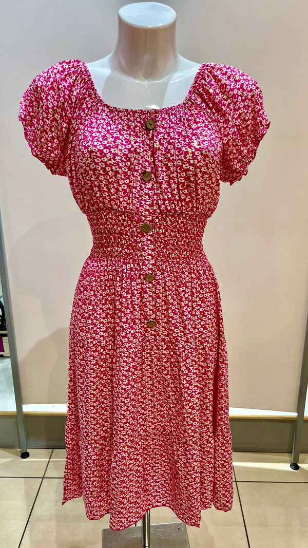 Trudie - Pink Ditsy Print Button Midi Dress
