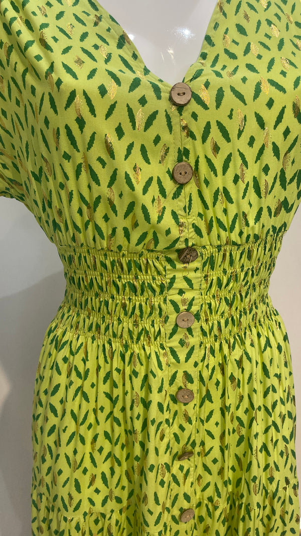 Mona - Lime Green Print V Neck Maxi Dres