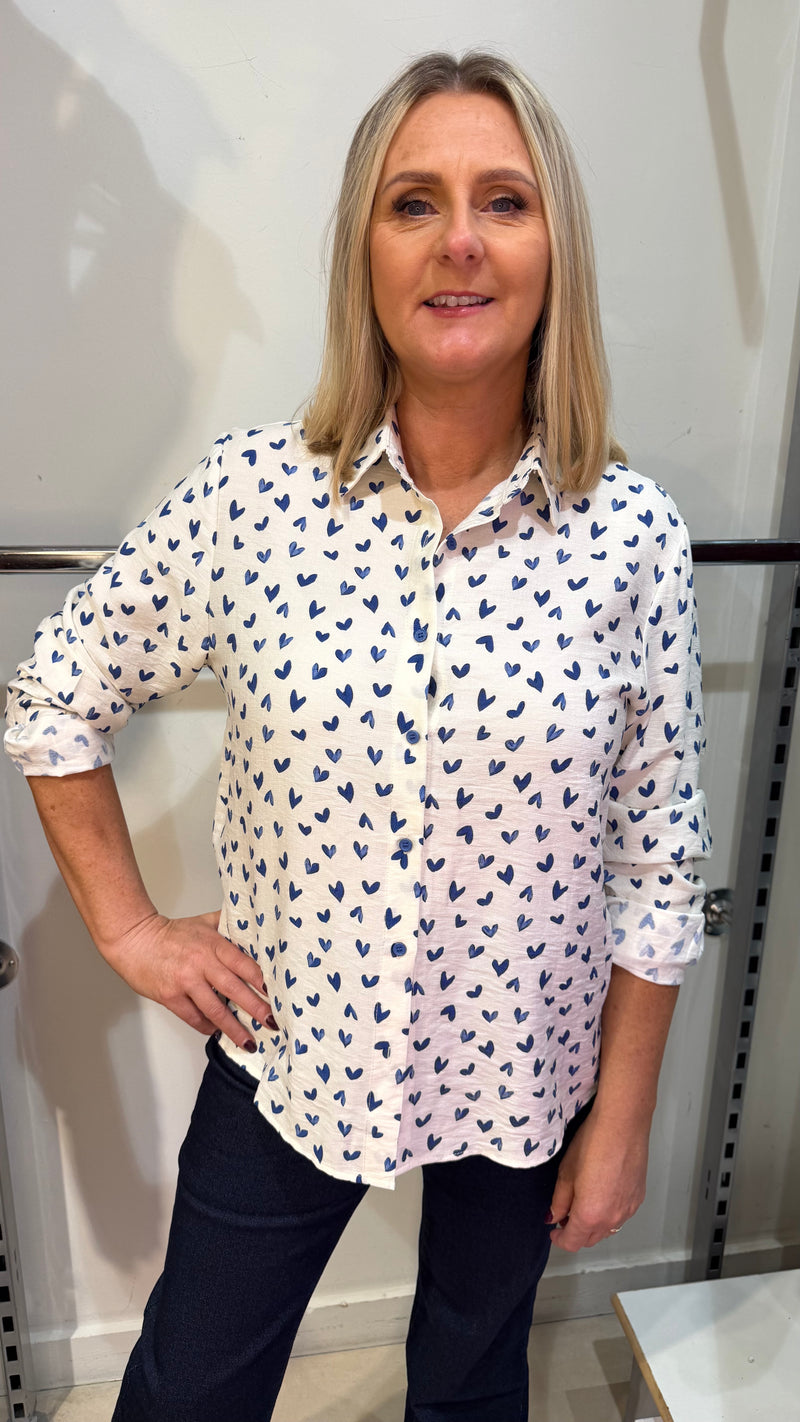 Vicki - blue/cream heart print shirt