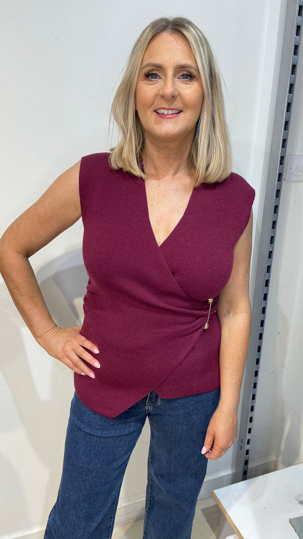 Minnie - Wine Crossover V Neck Knit