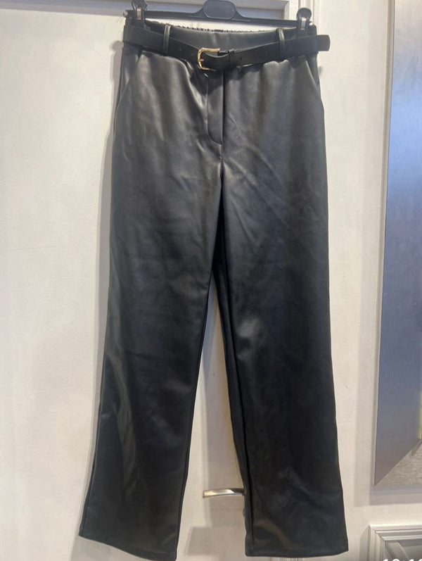 Jay - Black Faux Leather Belted Trousers