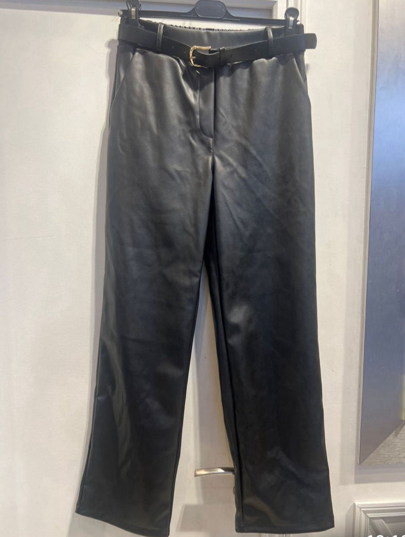 Jay - Black Faux Leather Belted Trousers