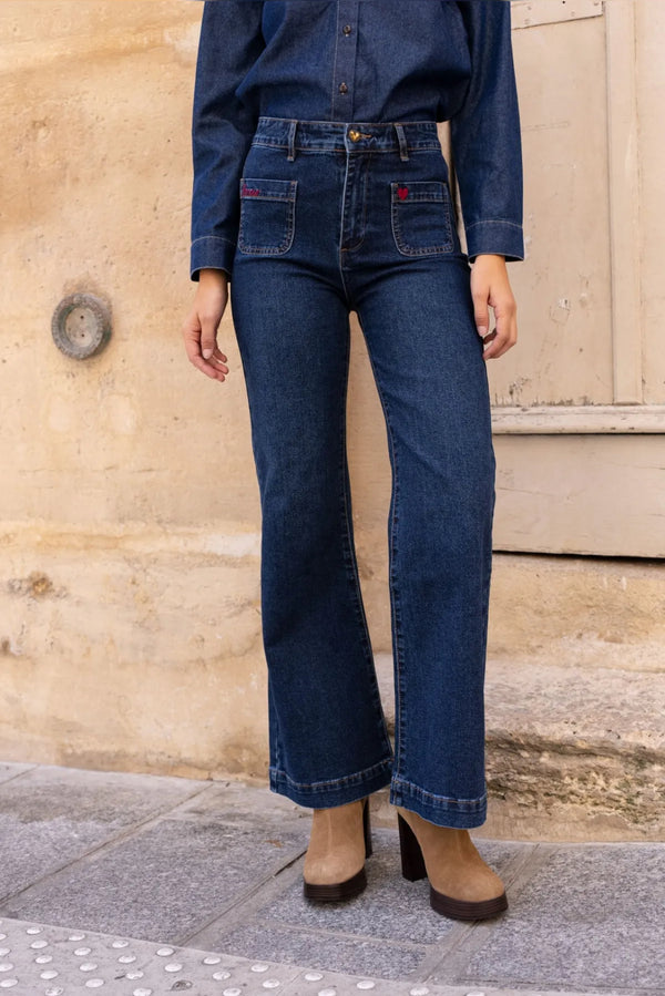 Ella - Blue Stretch Wine  Embroidery Detail Denims
