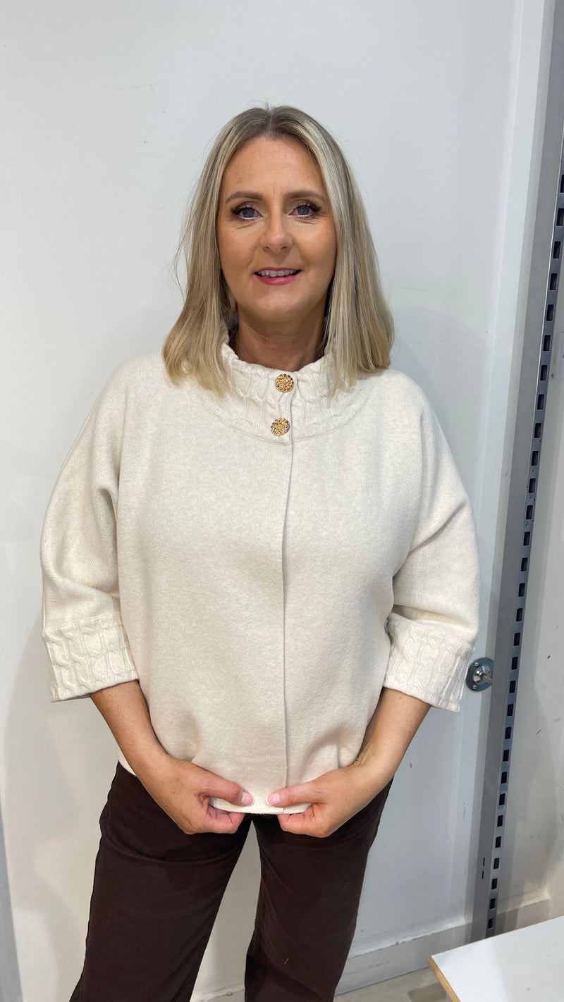 Sara - Beige Button High Neck Knit Cardigan