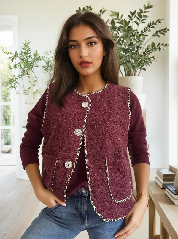 Milan - Wine Fuzzy Leopard Trim Waistcoat
