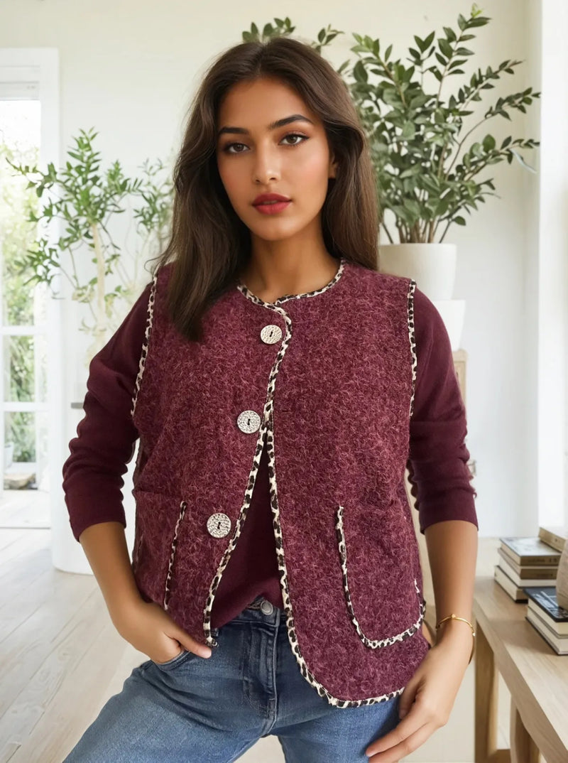 Milan - Wine Fuzzy Leopard Trim Waistcoat