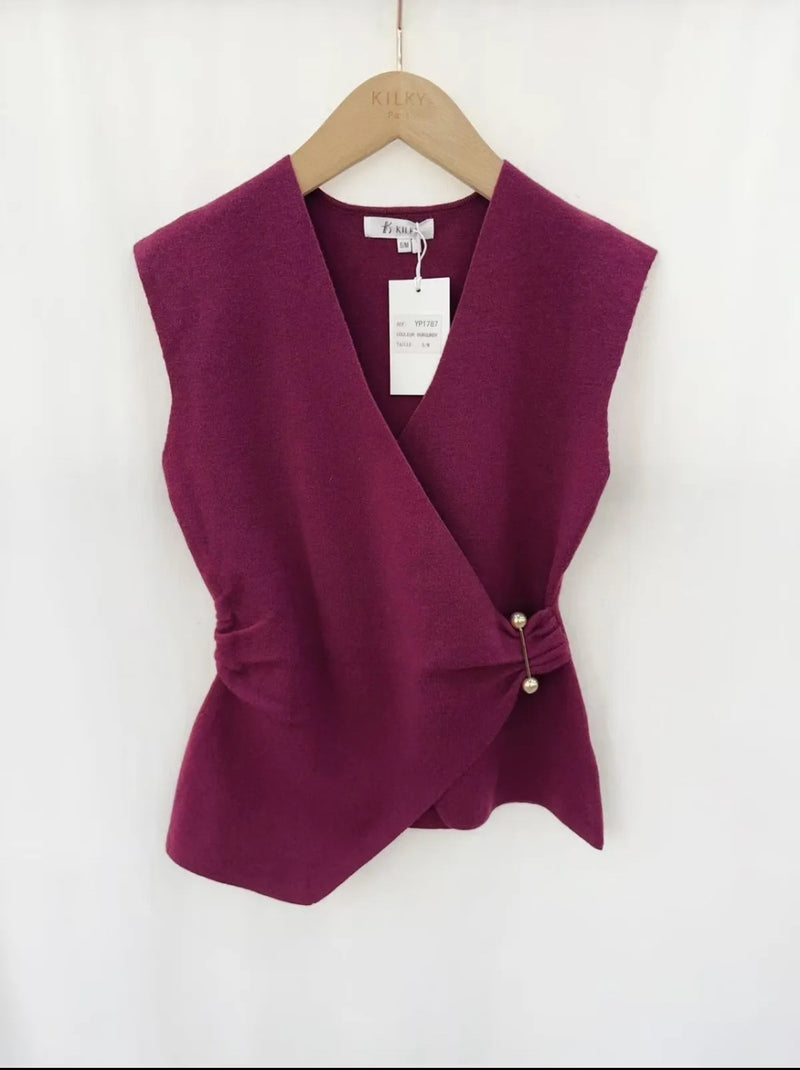 Minnie - Wine Crossover V Neck Knit