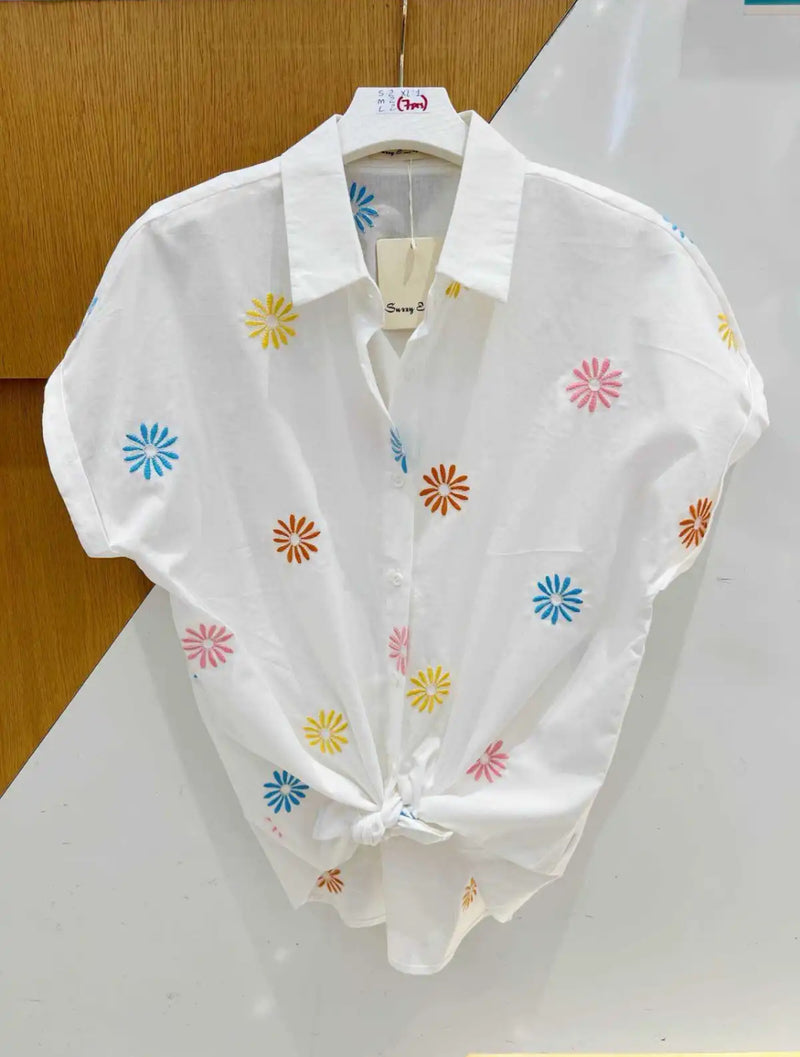 Tara - White Daisy Multi Coloured Embroidery Top