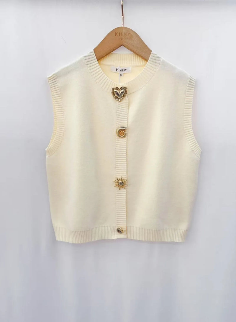 Cara - Cream Gold Button Knit