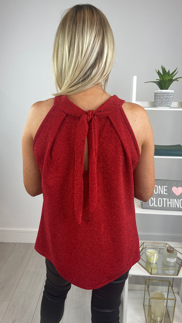 Lucy - Red Shimmer High Neck Top