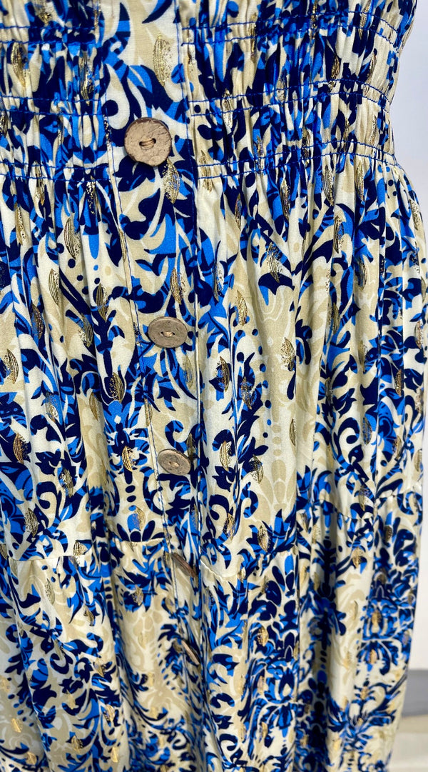 Mona - blue v neck damask print maxi