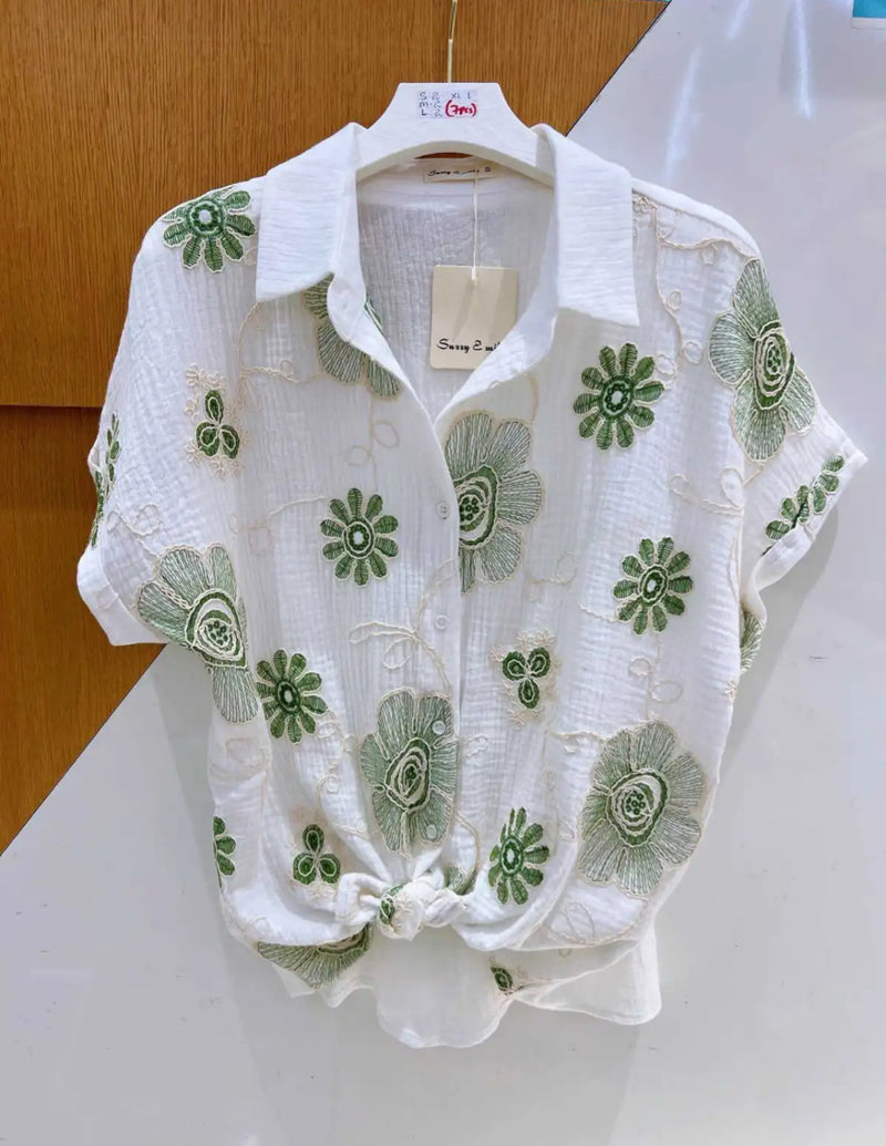 Becky - White/Green Embroidered Top