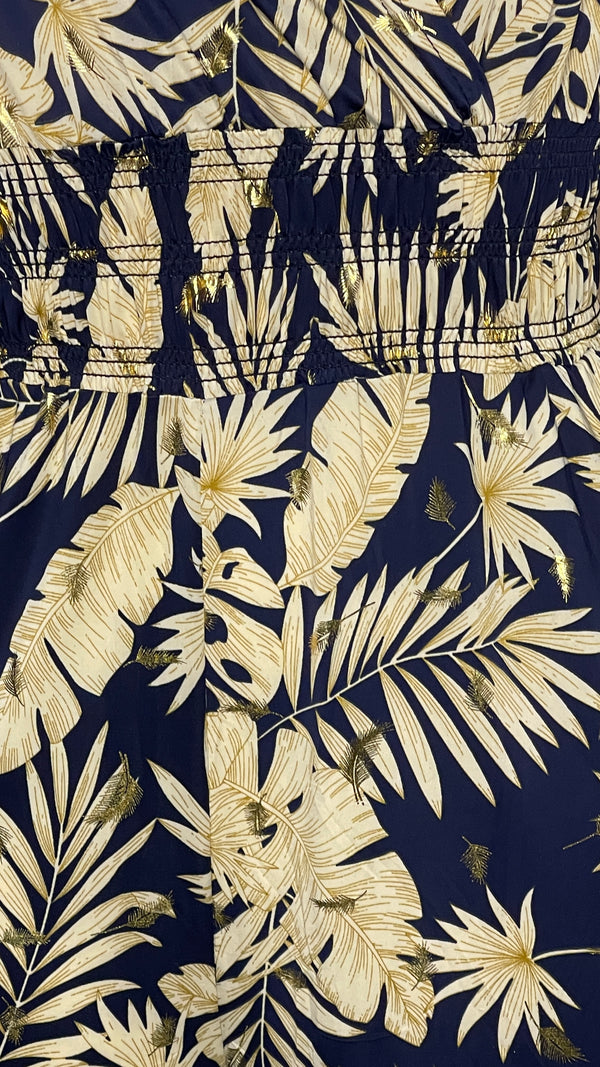 Jane - Navy/Stone Gold leaf Print Jumpsuit
