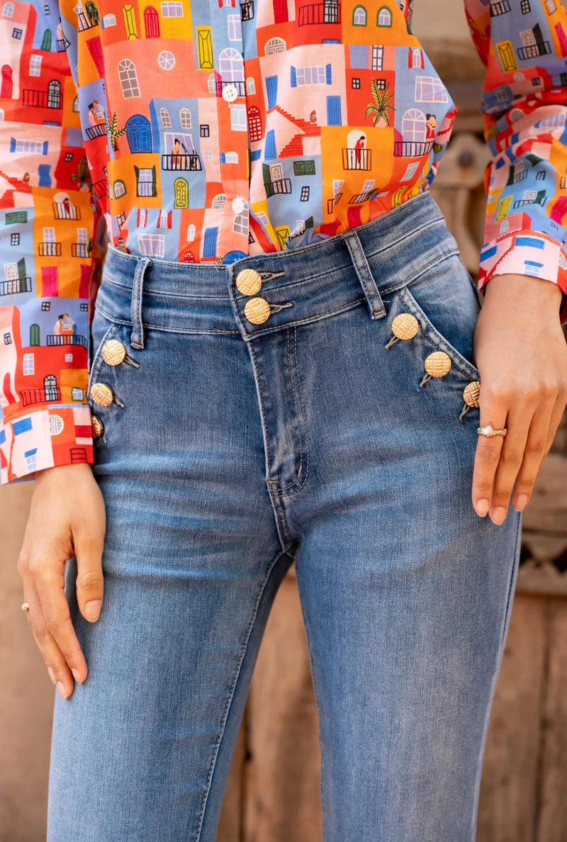 Paris - Blue Stretch Button Bootcut Denims