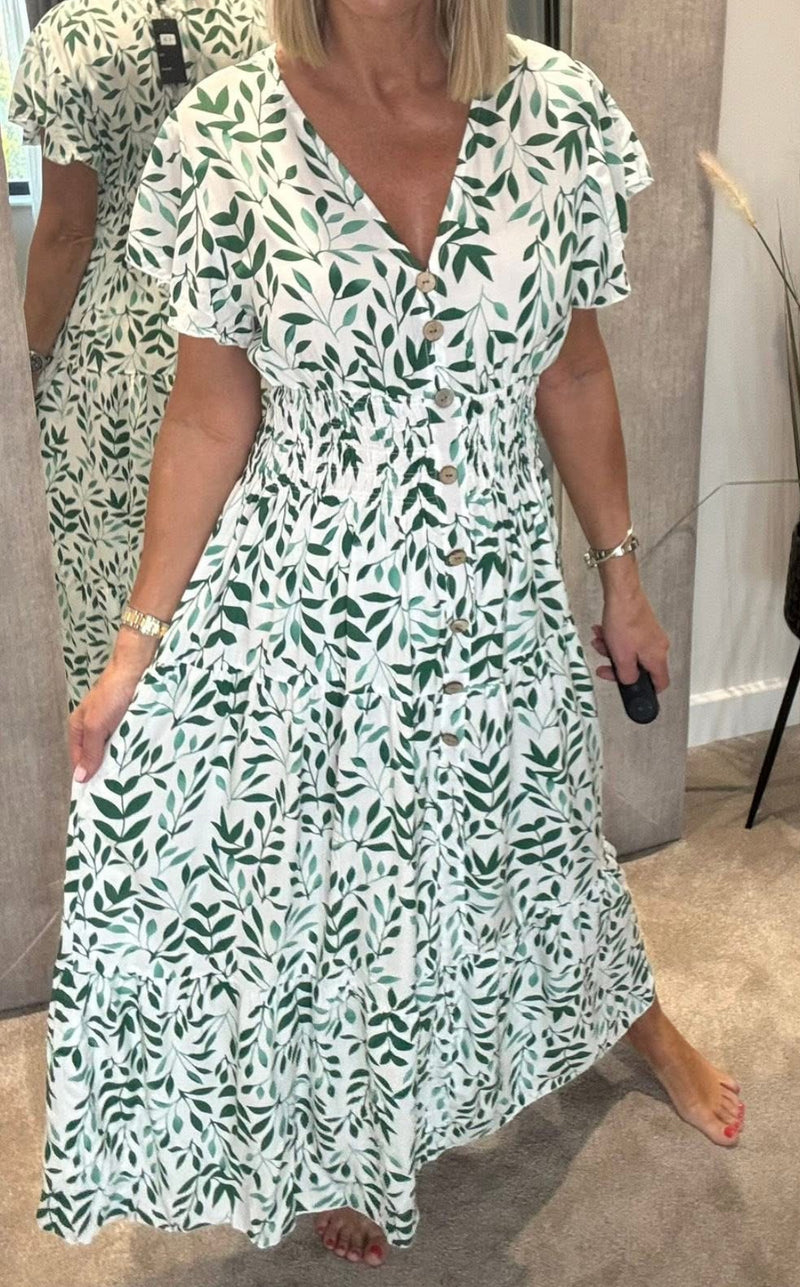 Sandy -Green/White Leaf Print V neck Maxi