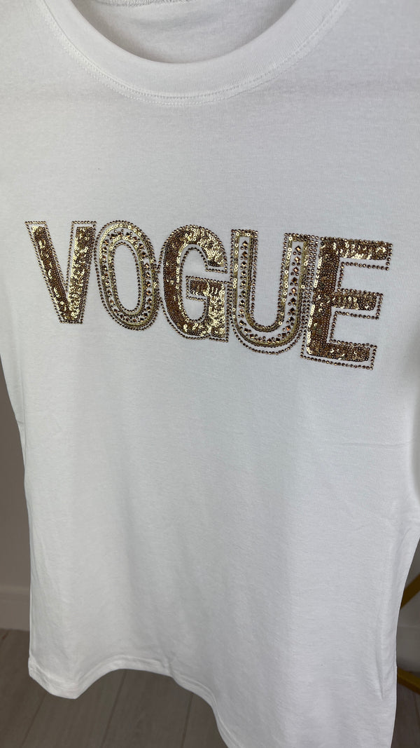Olive  - White Vogue Gold Sequin Logo Tee