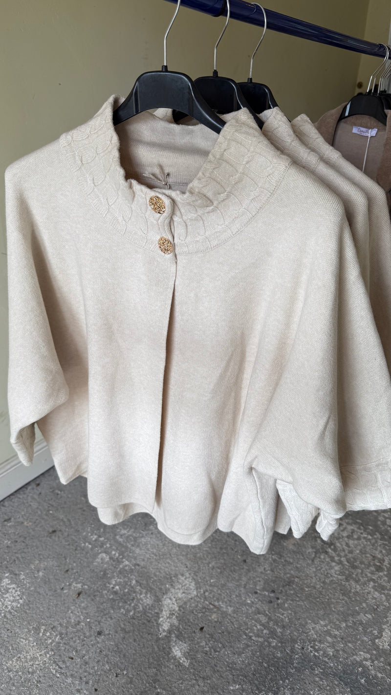 Sara - Beige Button High Neck Knit Cardigan