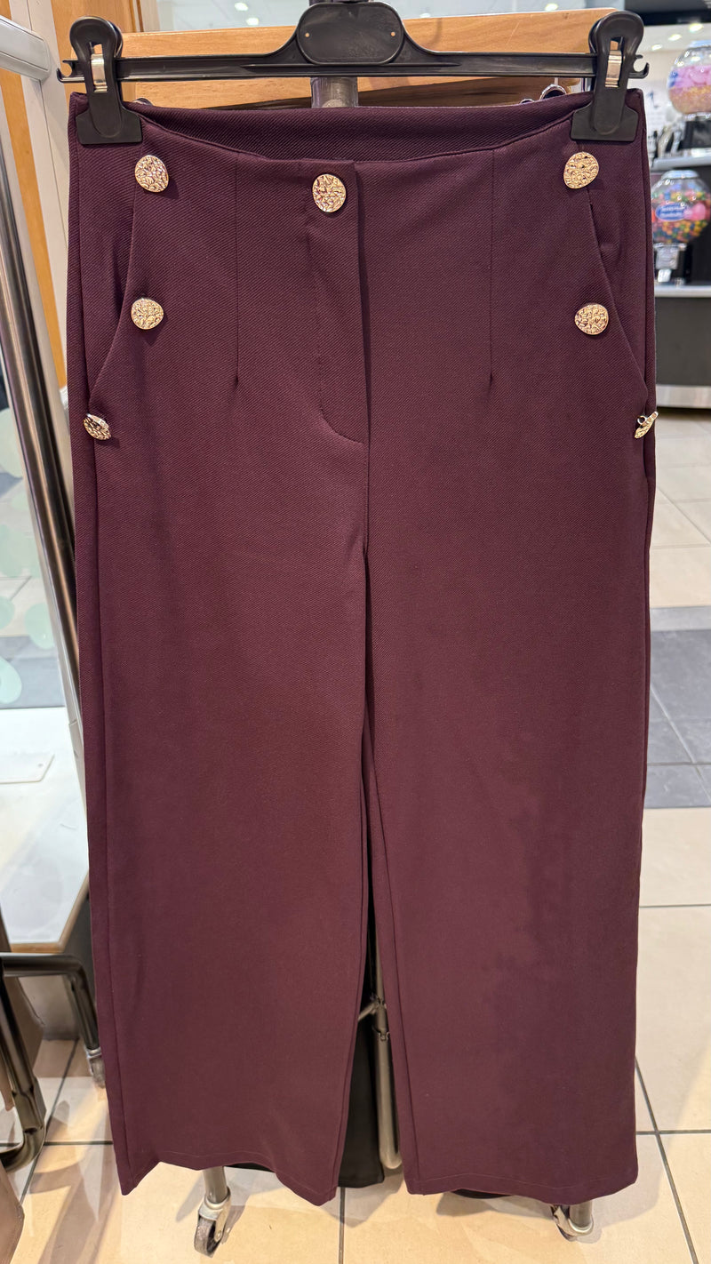 Belle - Plum Button Pocket Wide Leg Trousers