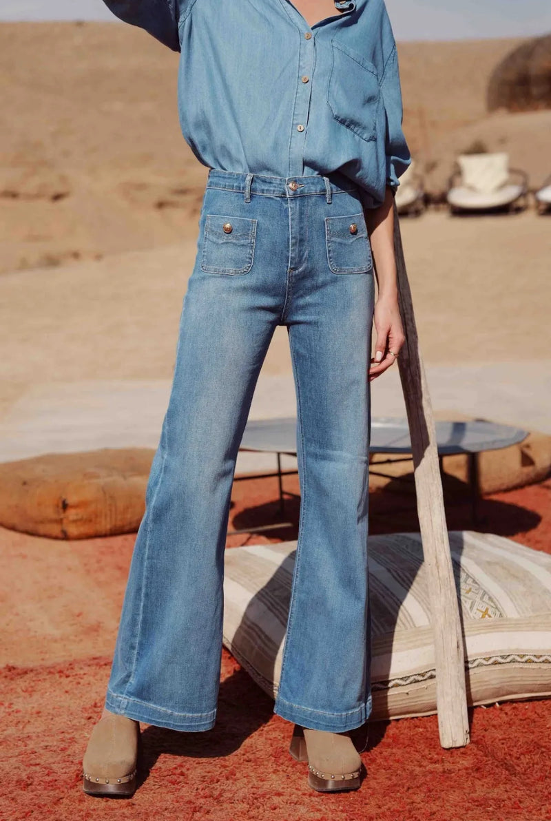 Chelsea - Mid Blue Pocket Stretch Flare Denims