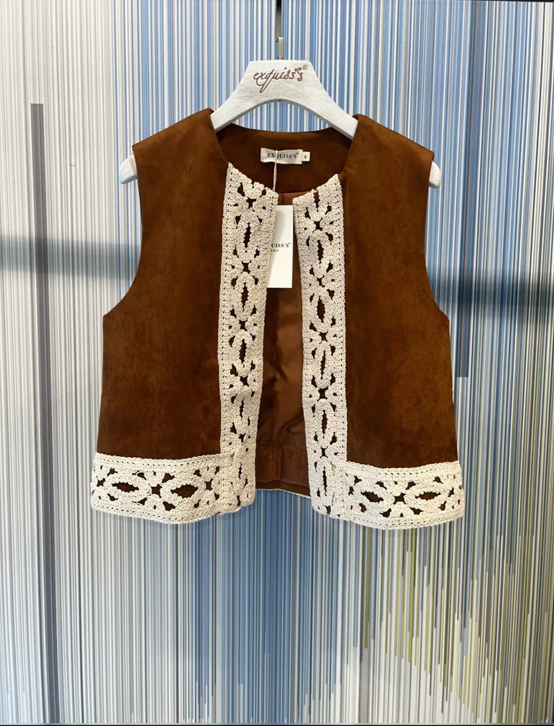 Zack - Tan Suede Look Crochet Waistcoat