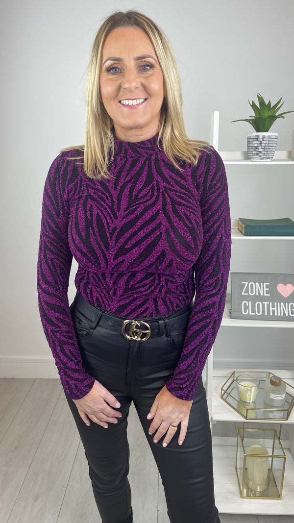 Millie - Magenta/Black Zebra Print Turtle Neck Top