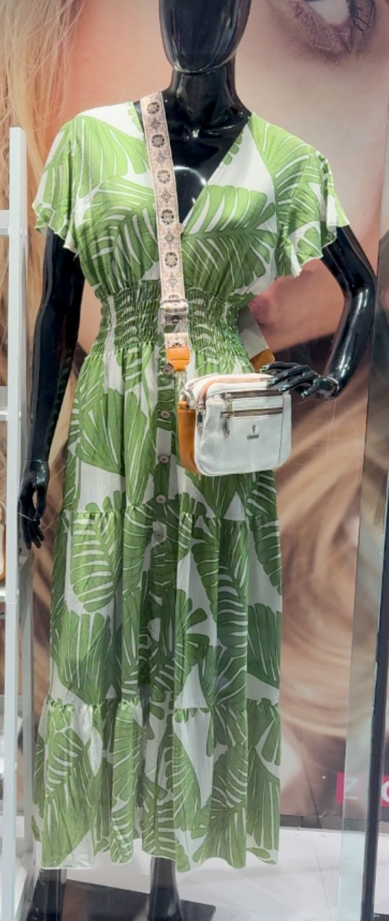 Sandy - Linen Look V-Neck Palm Print Maxi Green