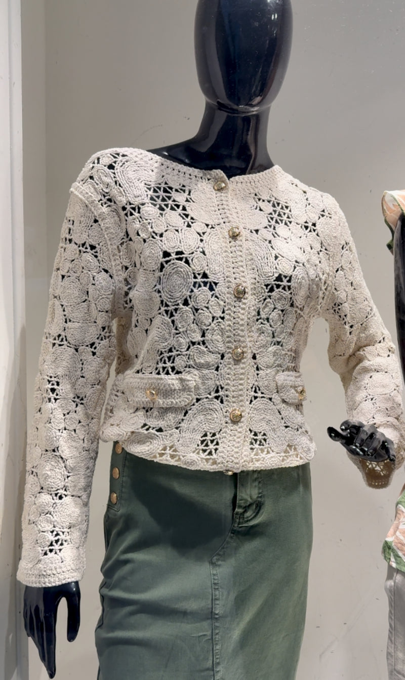 Kayleigh - Beige Crochet Gold Button Cardi