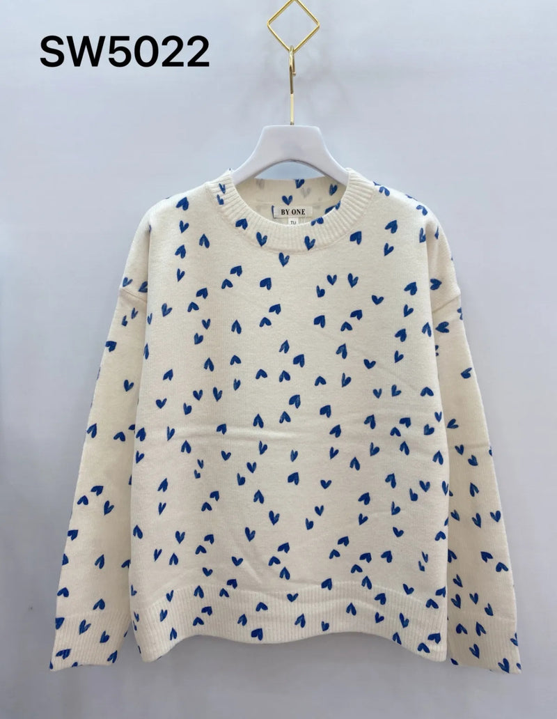 Vera - Blue Heart Print Fine Knit Jumper