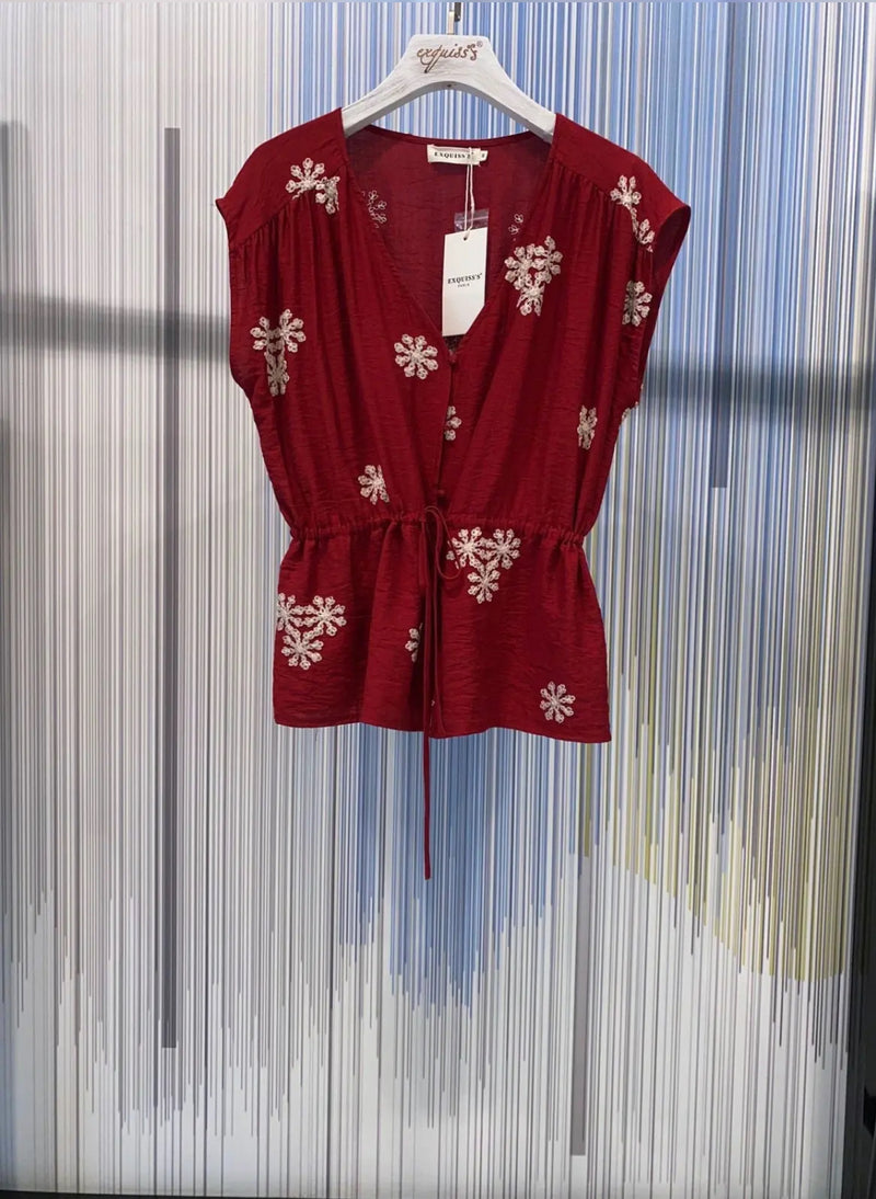 Jane - Wine  Embroidery Tie In Waist Top