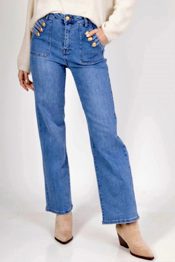 Tess- Blue Button Pocket Denims